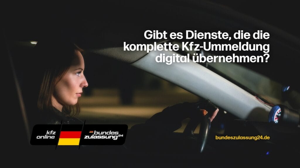 Frau sitzt im Auto und informiert sich über digitale Kfz-Ummeldung - Bundeszulassung24